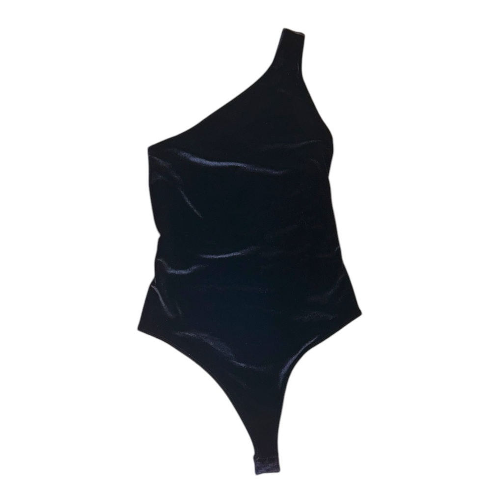NWT Fabletics Gigi Velour One Shoulder Bodysuit Navy Blue Thong Women’s Small